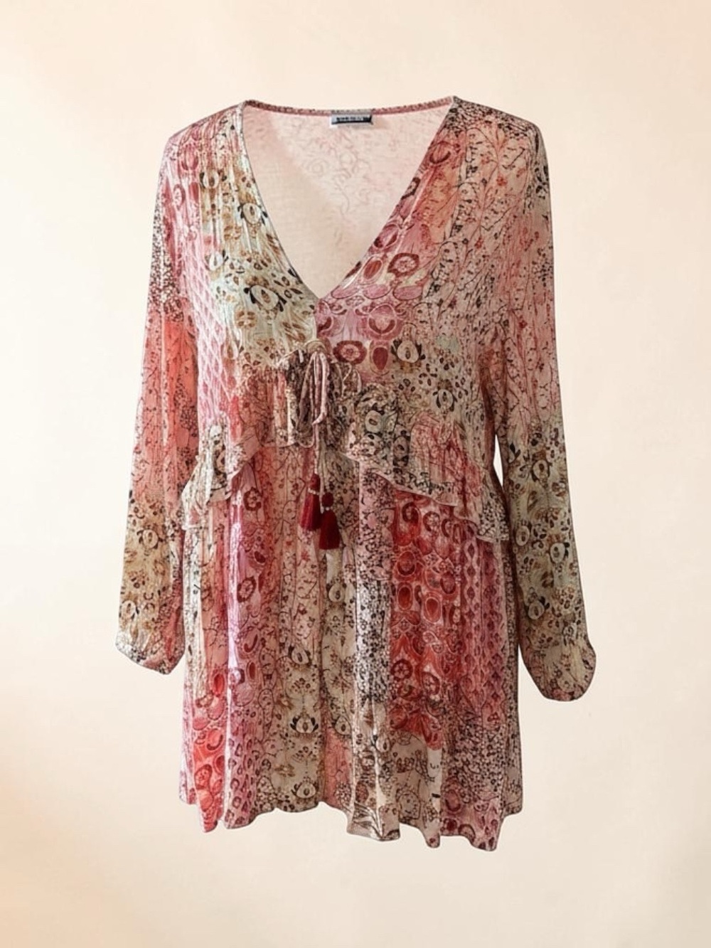 267, Zara Boho V-Neck Pink Floral Tiered Dress, size M - Picture 3 of 3
